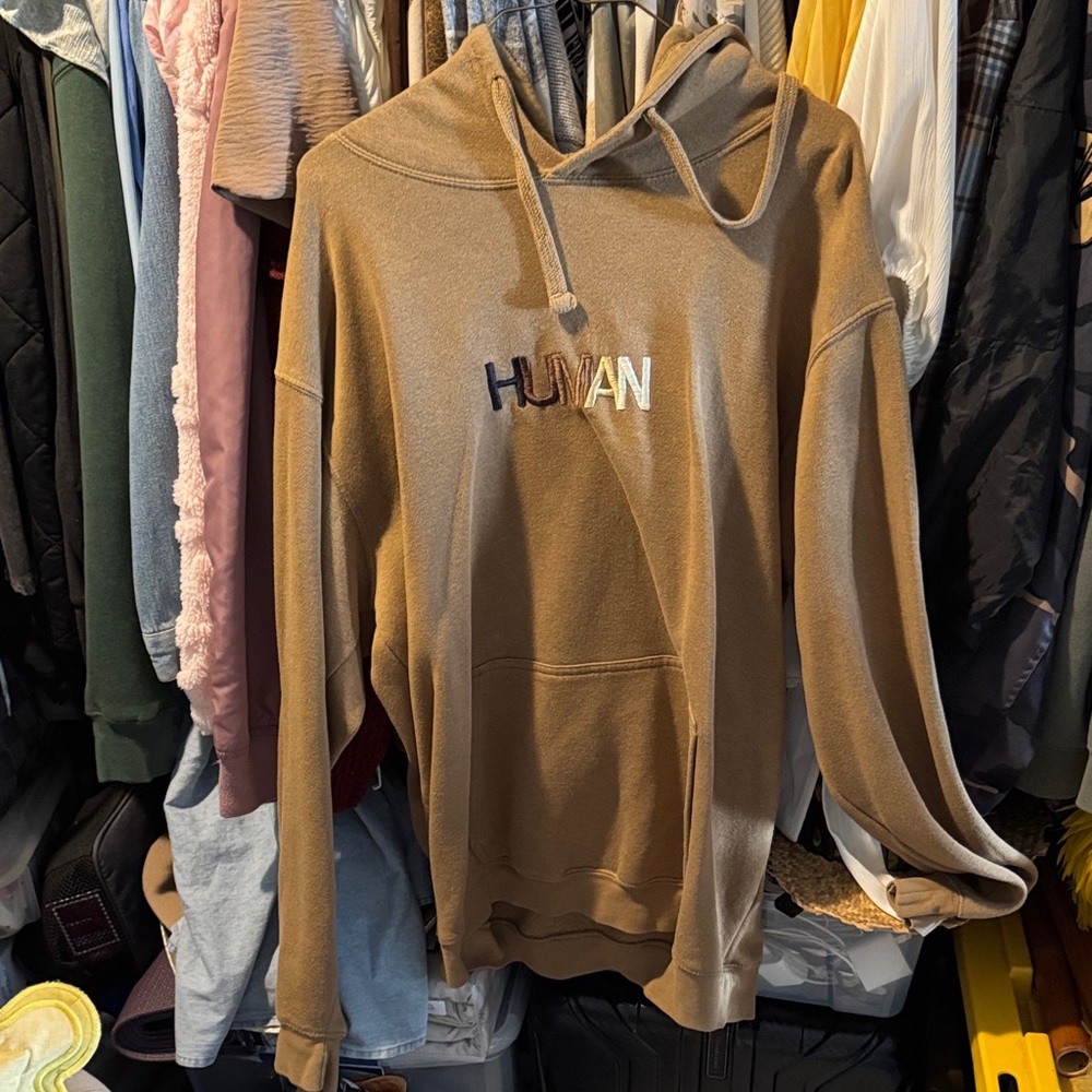 Brown Crewneck Hoodie with 'HUMAN' Embroidery - Men's Sweater